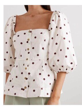 Ganni Women's Square Neck 3/4 Sleeve Peplum Blouse Size 36 (US-4) Button Front